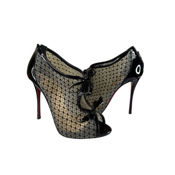Christian Louboutin Empiralta 120 Black Lace Bow Peep Toe Booties 39.5 - Picture 3 of 13